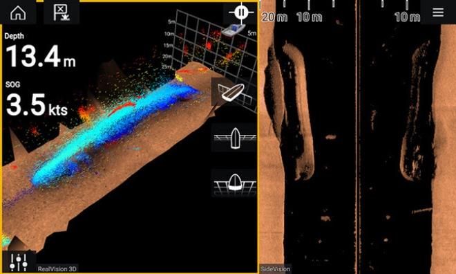 Point Mode (left) provides the highest resolution 3D imagery of underwater objects. CHIRP SideVision (right) provides photo-like details © Raymarine